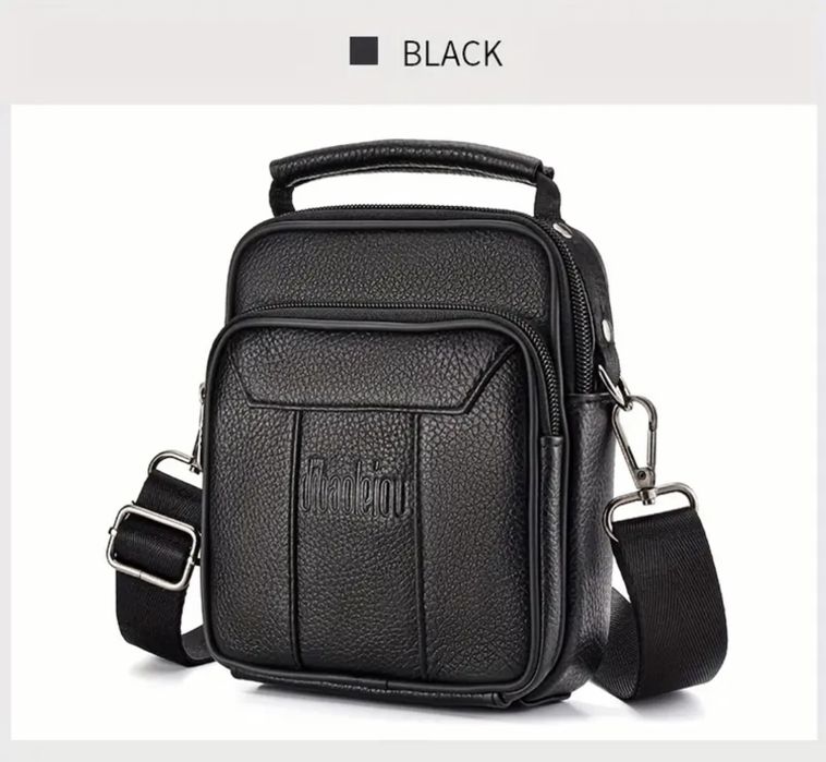 Мъжка черна кожена чантичка с дръжка/Премиум естест. кожа -10%Промоция