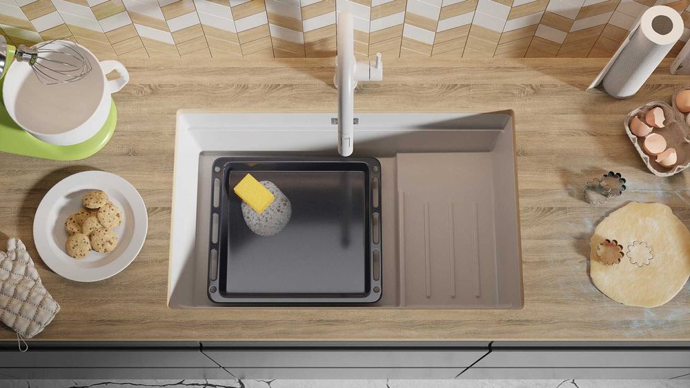 Бяла гранитна мивка за монтаж под плот Прага 80 Step Level 560 x 470