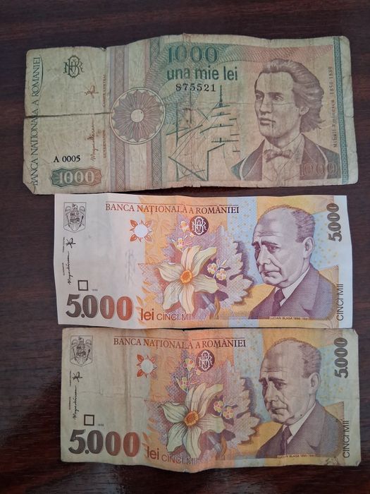 3 bancnote românești 2buc 5000 lei an 1998 și 1buc 1000 lei an 1991