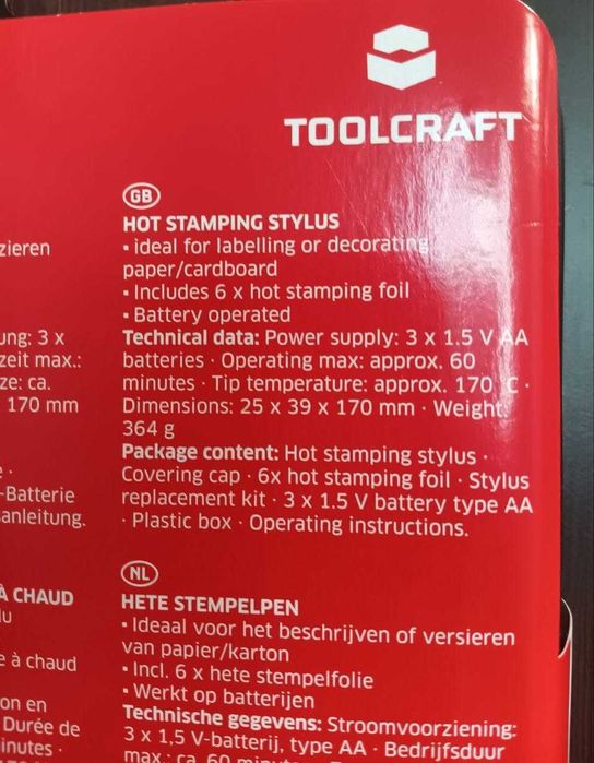 Комплект термописалка с фолио Toolcraft KBI6452, писалка с горещо фолио 4.5V/DC 1.5W, 0°C до 170°C, LED светлина