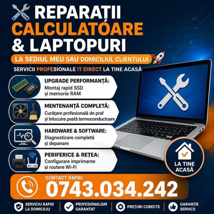 Reparații Calculatoare Laptopuri la Domiciliu |Upgrade SSD/RAM | Curatare | Imprimante | Router Wi-Fi | Diagnosticare |Mentenanta