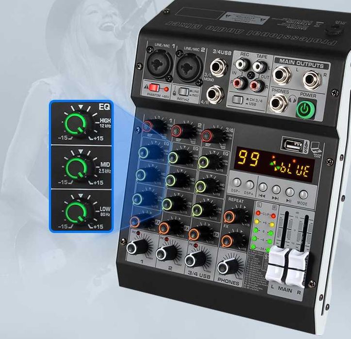 Pasiv mixer audio 4 canale KT4M Stereo canal USB Bluetooth 99 digital DSP efecte LED ecran