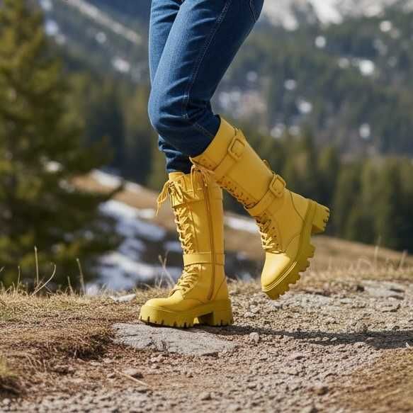 Cizme bocanci Zara nr. 37 din piele naturală galbene