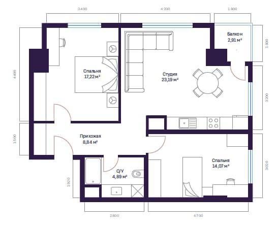 Квартира Ж/К Modera Towers 56,09 / 102,64 / 76,01 / 76,09 / 46,53 м2