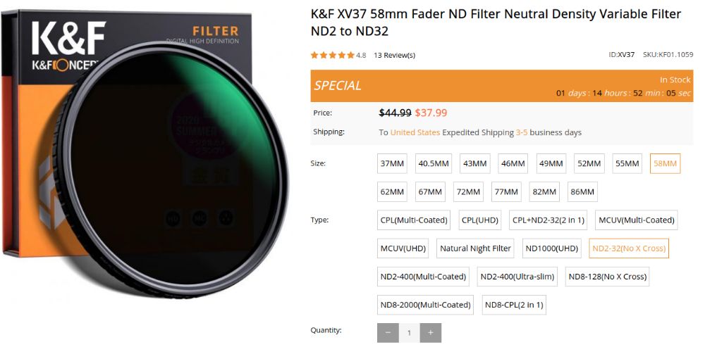 Filtre ND K&F 2, 4, 8