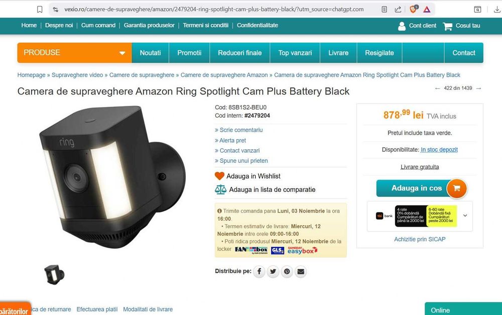 Cameră de supraveghere Ring Spotlight Cam Plus (pe baterie)