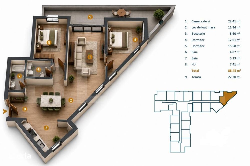 Apartament 3 camere 88 mp Terasa 22 mp etaj intermediar, Intre Lacuri — fotografia 1