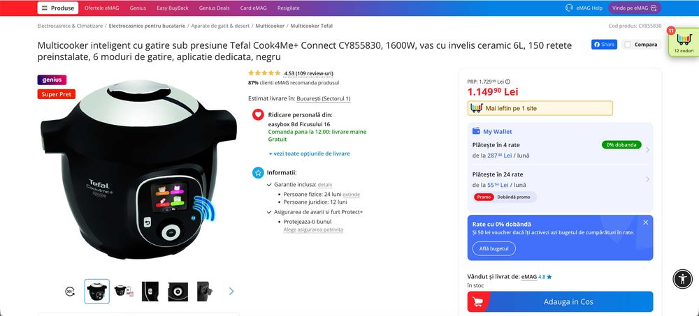 Multicooker sub presiune Tefal Cook4Me+ Connect 150 retete, CA NOU