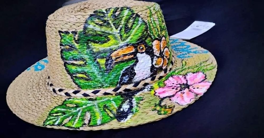 Сламена шапка, ръчно рисувана, сламена