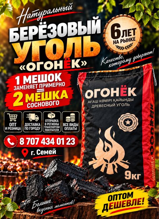 Уголь древесный Береза 9 кг