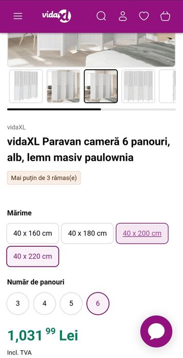 Paravan cameră 6 panouri, alb, lemn masiv paulownia
vidaXL Paravan cam