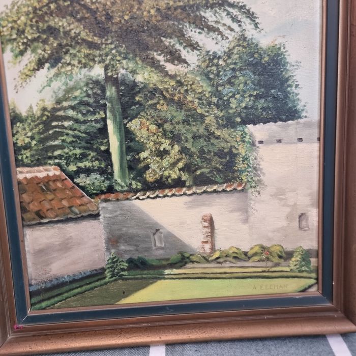 Tablou vechi ulei pe pânză semnat A. Eechan peisaj grădină 59x49 cm