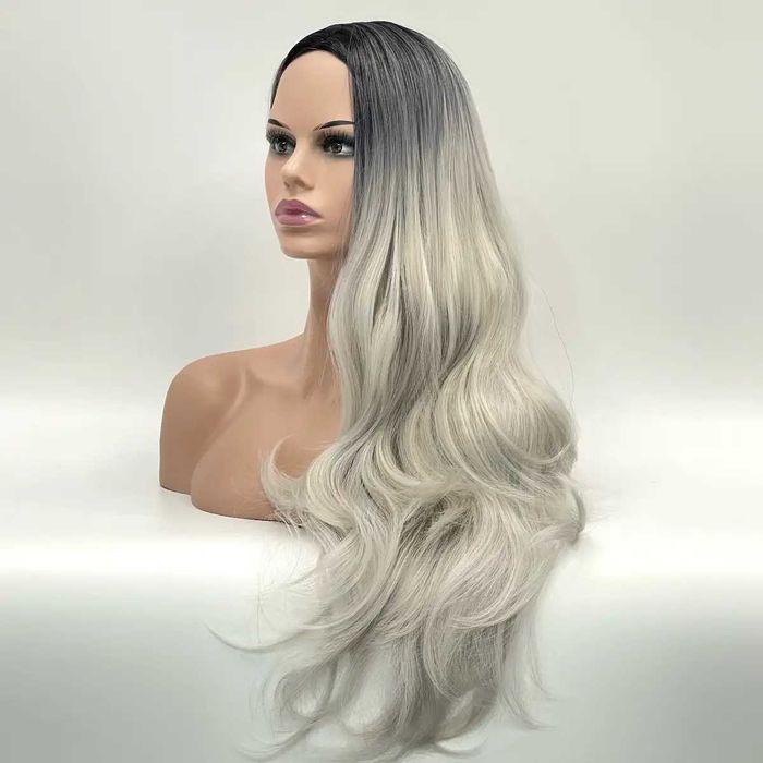 Парти хелоуин сребристо руса перука с тъмни корени на път