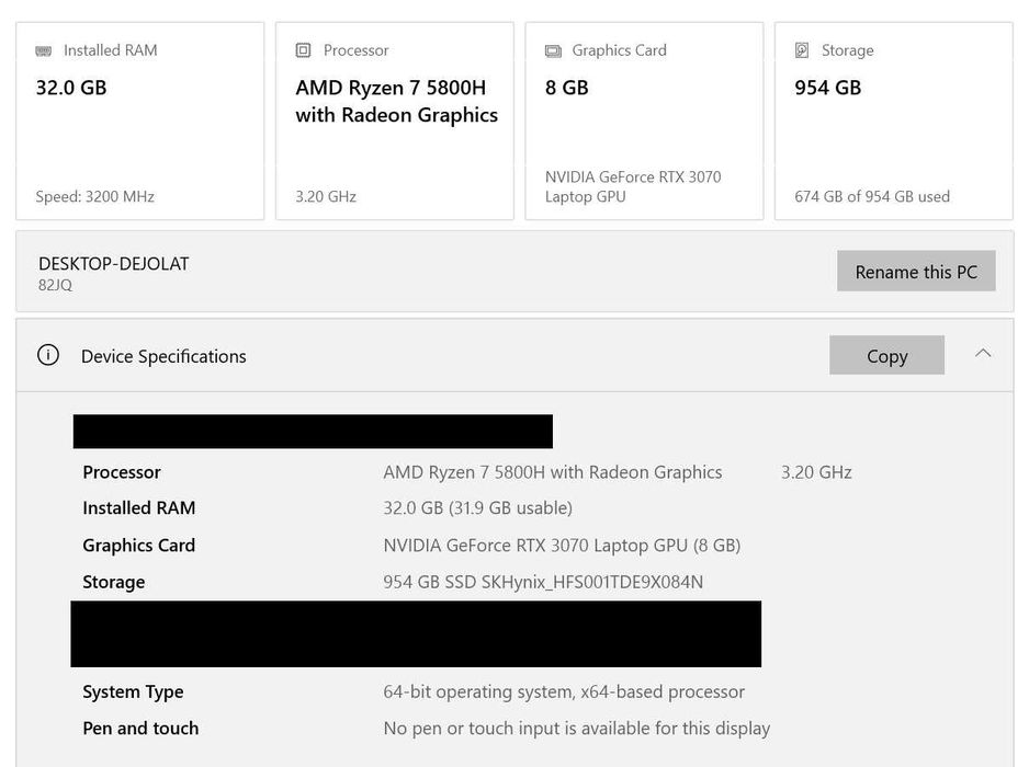 Lenovo Legion 5 Pro, RTX 3070 8 GB, Ryzen 7 5800H, 32 GB RAM, 1 TB SSD