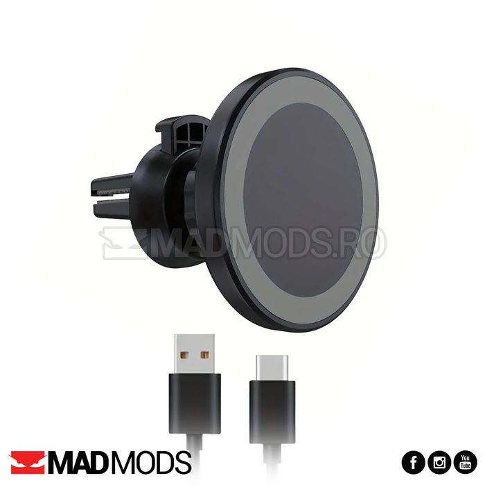 Suport auto MagSafe, Incarcare wireless 15W Magnetic, Grila ventilatie