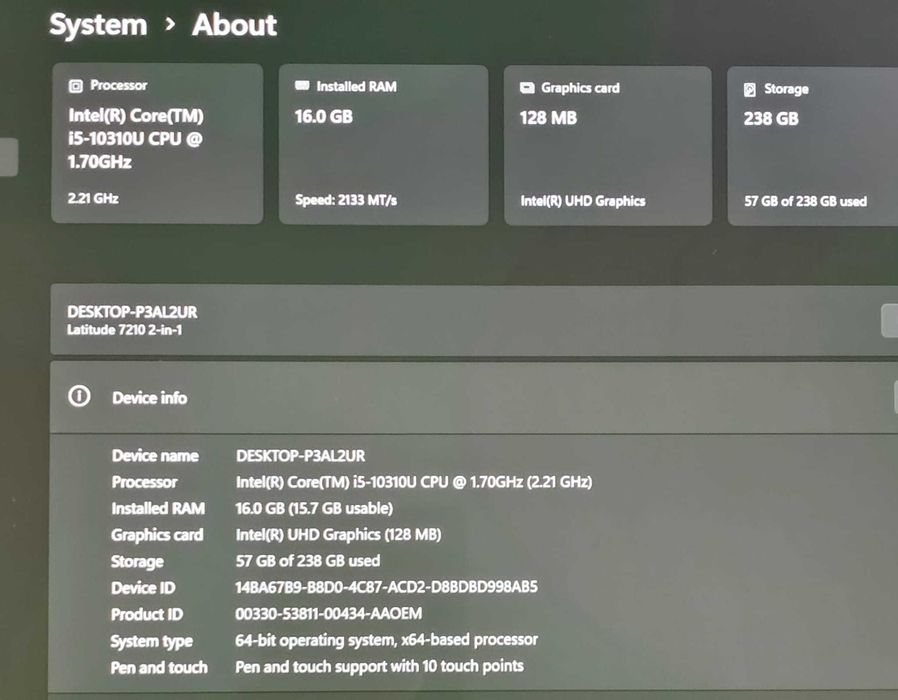 Tableta Windows Dell Latitude 7210 i5 10310u 16GB Ecran 12.3 Diagnoza 2 in 1