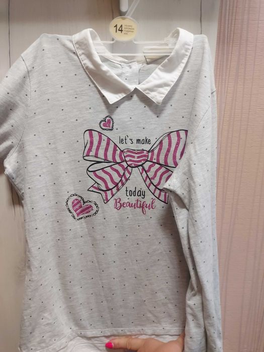 Детска блузка с дълъг ръкав, 11 години,  светлосива на нежни точици