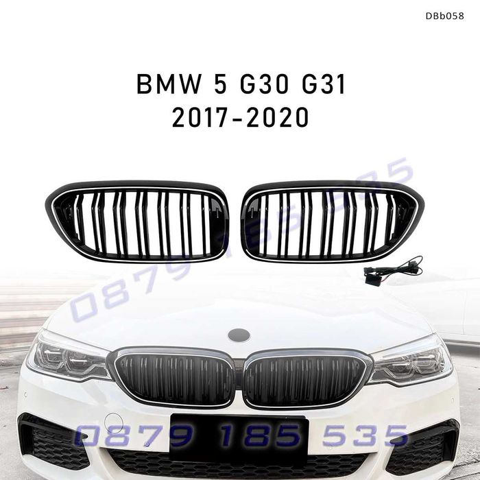 Двойни светещи LED бъбреци BMW G30 G31, черен гланц бмв предни решетки с лед светлини г30 г31