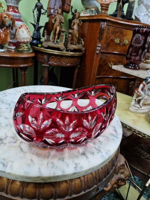 Уникална антикварна колекционерска кристална купа бомбониера Бохемия