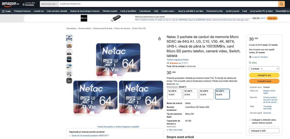 Pachet 3 carduri 64 gb micro sd ,A1, U3, C10, V30, 4K, 667X, UHS-I