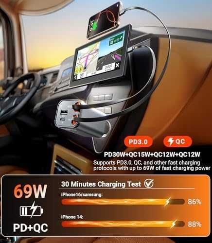 4в1 автомобилно зарядно Type-C + 2 USB