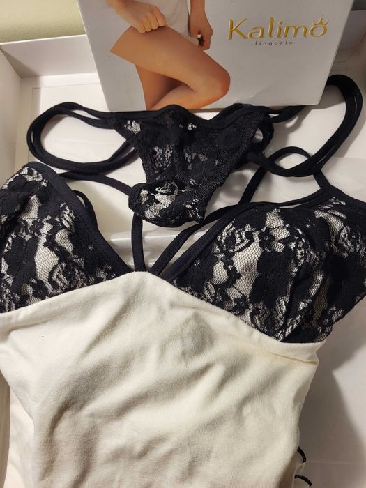 Lenjerie Baby doll  culoare crem cu negru