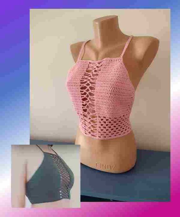 Лятно бюстие в розов цвят, плетено на една кука.