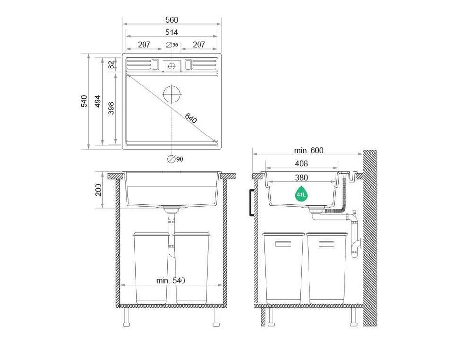 беж кухненска мивка за вграждане Берген 60 Double Pocket 560x540 мм