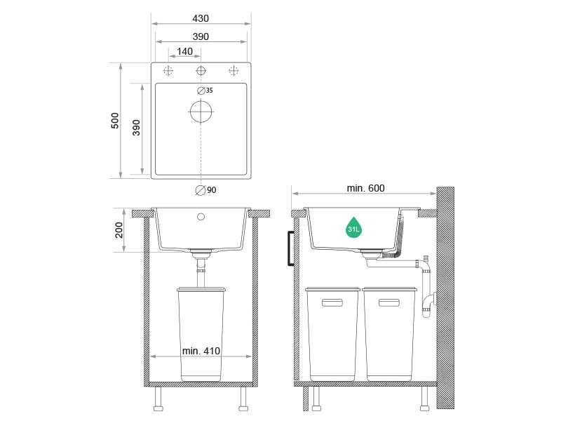 Кухненска Мивка от гранит модел РИГА XXL 430 x 500 mm - Черна