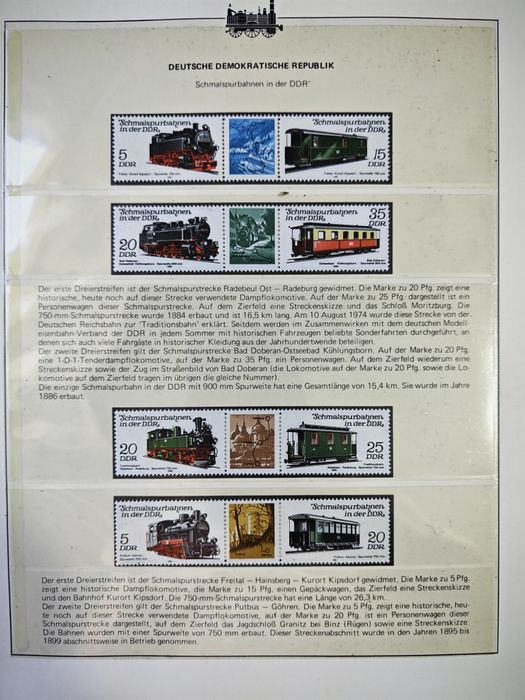 Album filatelic complet „Cele mai impresionante căi ferate ale lumii” – 10 pagini, locomotive și timbre