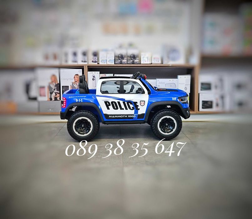 ТОП ЦЕНАНОВО!Акумулаторен джип RAM POLICE BLUE с 12V батерия,EVA гуми,сигнални светлини,,USB,дистанционно