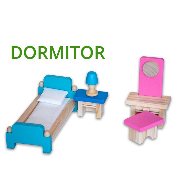 Casuta de papusi cu mobilier din lemn 6 papusi incluse