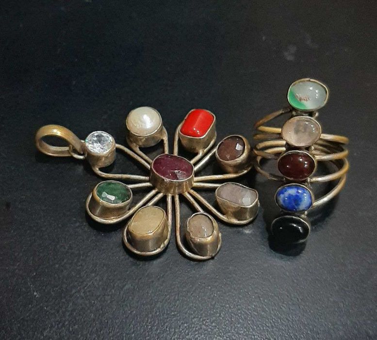 Кулон крупный и перстень большой с натур камнями(по чакрам) Индия