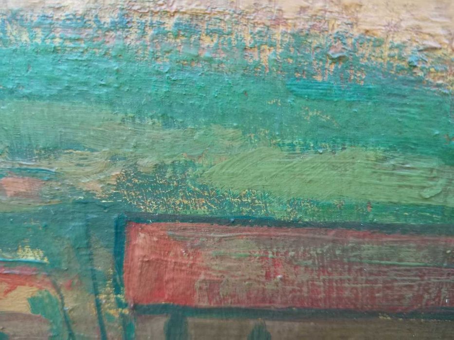 Tablou vechi - apus peste sat - semnat Baba