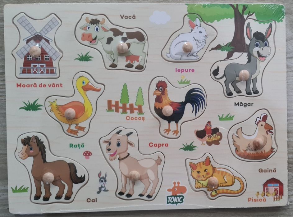 Lot de jucarii educative din lemn. Busy board, puzzle incastru, legume