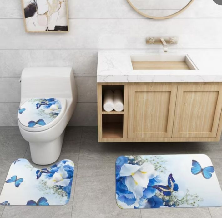 Комплект для ванной и туалета 4 в 1, коврики и шторка для ванной