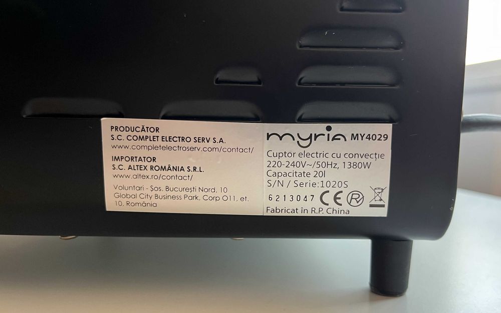 Cuptor electric cu convectie Myria MY4029, 20l, 1380W, negru-argintiu