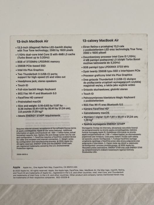 MacBook Air 13" 2020, 8GB RAM, 256GB SSD