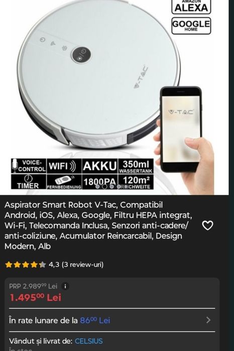 Aspirator v tav inteligent wifi telecomanda