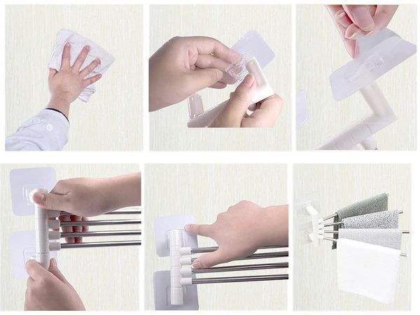 Suport prosoape,4 brate rotative, Montaj fara gaurire, Autoadeziv, Alb