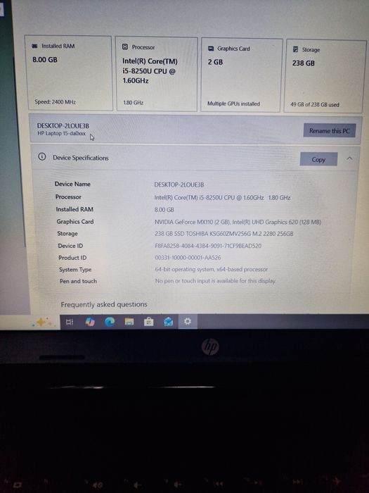 Vand Laptop  HP 15-da,  I5 gen 8, 8gb ram, 256 ssd, Nvidia MX110, FHD