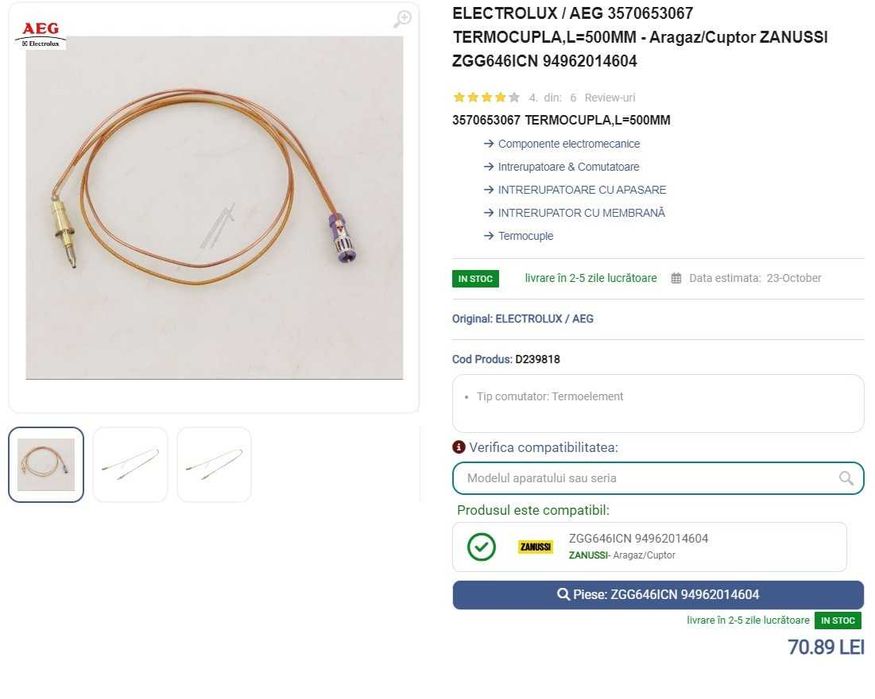 Plita gaz Zanussi ZGG646ICN cu 4 arzatoare