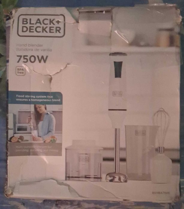 Blender de Mână Vertical Black+Decker BXHBA750E (750W) Set Complet cu Tocător și Țel - Nou