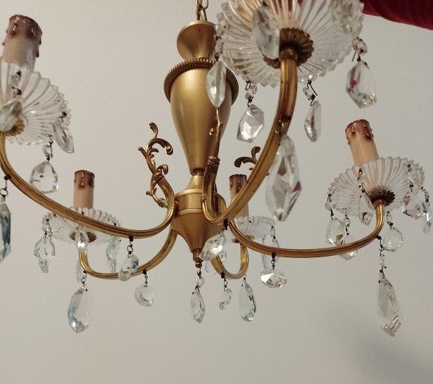 Candelabru din bronz și alama , 5 brațe cu elemente din cristal,stare