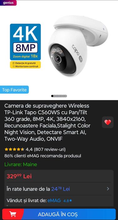 Camera de supraveghere Wireless TP-Link Tapo C560WS 8MP, 4K, 3840x2160