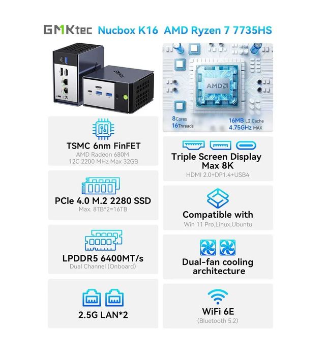 Mini PC GMKtec K16-2-44U-IN MD Ryzen 7 7735HS 32GB DDR5 1TB SSD NVMe Sigiliu Intact