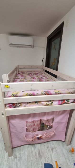 Pat etajat pentru copii cu tobogan din lemn de pin