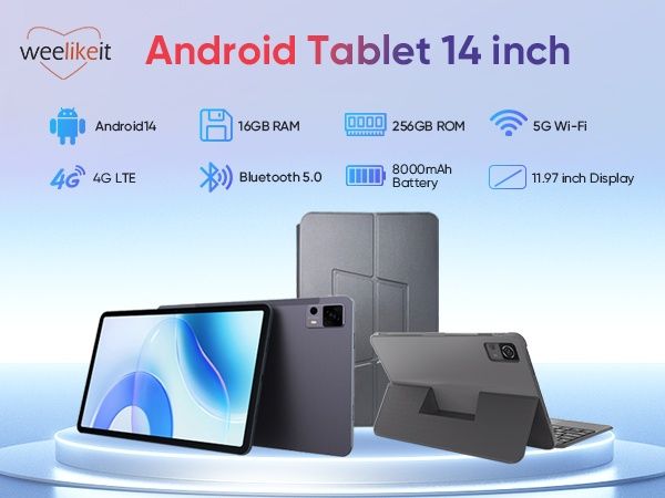 12" Таблет, Android 14, 16GB RAM, 256GB, 4G LTE + калъф/ клавиатура