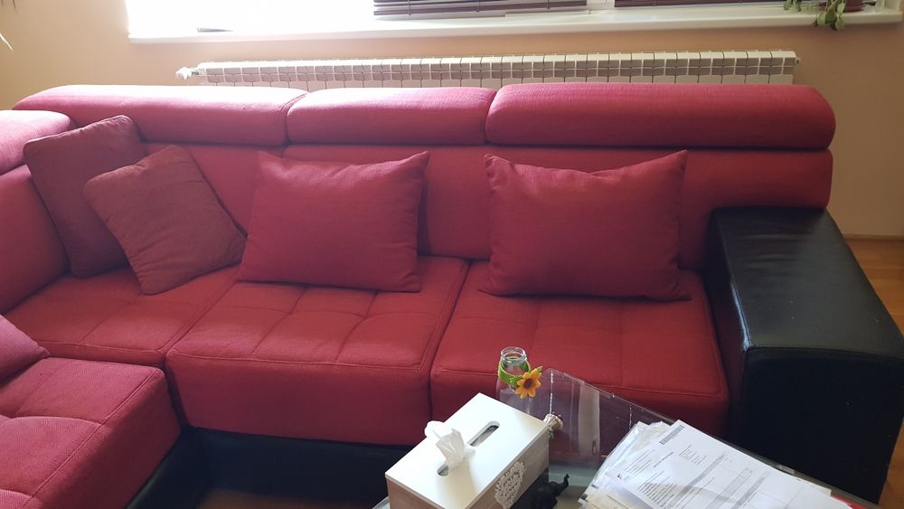 Coltar/canapea piele+stofa rosu