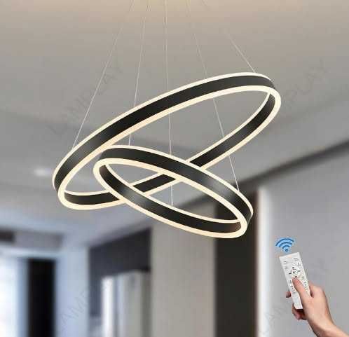 Луксозен LED полилей LAMPLAY, модерна LED висяща лампа 65W, голяма таванна лампа с 2 черни пръстена 60+80 см